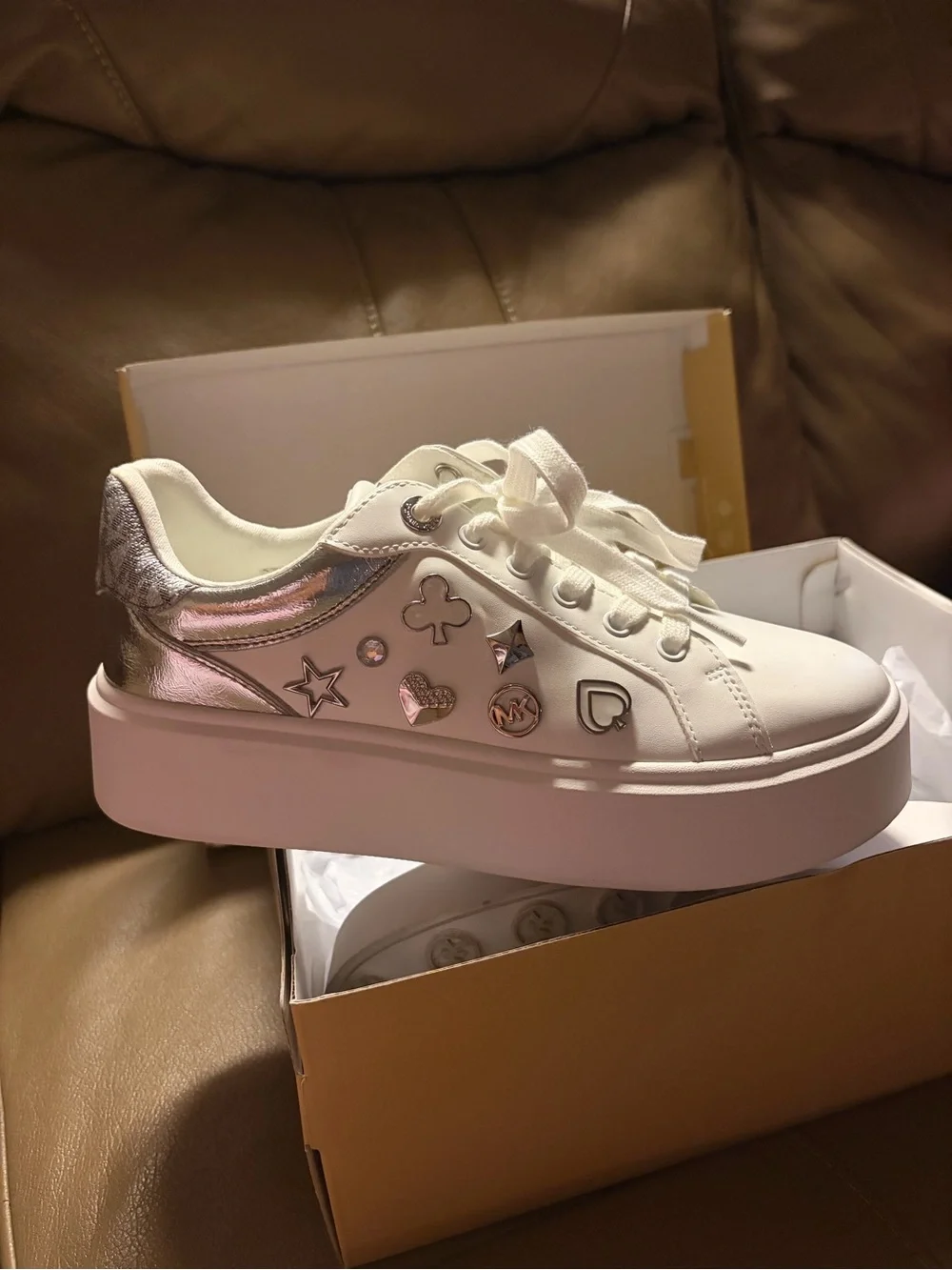 Michael Kors White Platform Sneakers with Metallic Rose Accents